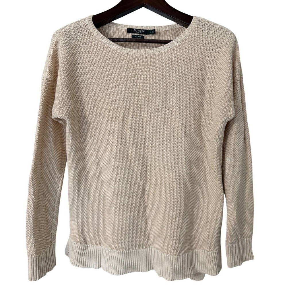 Lauren Ralph Lauren Beige Cotton Textured Knit Sweater Long Sleeve Crew Neck L